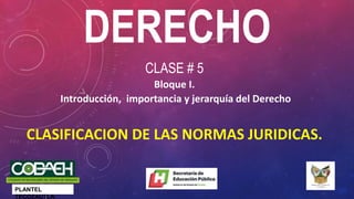 DERECHO
CLASE # 5
Bloque I.
Introducción, importancia y jerarquía del Derecho
CLASIFICACION DE LAS NORMAS JURIDICAS.
PLANTEL
TECOZAUTLA
 