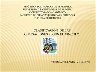 REPÚBLICA BOLIVARIANA DE VENEZUELA.
UNIVERSIDAD BICENTENARIA DE ARAGUA.
VICERRECTORADO ACADÉMICO
FACULTAD DE CIENCIAS JURÍDICAS Y POLÍTICAS.
ESCUELA DE DERECHO
CLASIFICACIÓN DE LAS
OBLIGACIONES SEGÚN EL VINCULO.
MONSALVE LANDY V-14.238.798
 