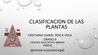 CLASIFICACION DE LAS
PLANTAS
CRSITHIAN DANIEL PESCA VEGA
GRADO:9
CENTRO EDUCATIVO MANOS
UNIDAS
PROFESOR ALEJANDRO CRUZ
 