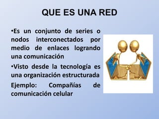 QUE ES UNA RED

•Es un conjunto de series o
nodos interconectados por
medio de enlaces logrando
una comunicación
•Visto desde la tecnología es
una organización estructurada
Ejemplo:    Compañías      de
comunicación celular
 