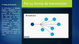 Por su forma de transmisión
 Redes de Broadcast
En Informática, la difusión
amplia o broadcast es una
conexión multipunto...