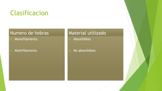 Clasificacion
Numero de hebras
 Monofilamento
 Multifilamento
Material utilizado
 Absorbibles
 No absorbibles
 