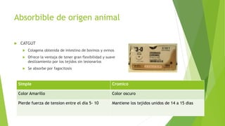 Absorbible de origen animal
 CATGUT
 Colagena obtenida de intestino de bovinos y ovinos
 Ofrece la ventaja de tener gran flexibilidad y suave
deslizamiento por los tejidos sin lesionarlos
 Se absorbe por fagocitosis
Simple Cromico
Color Amarillo Color oscuro
Pierde fuerza de tension entre el dia 5- 10 Mantiene los tejidos unidos de 14 a 15 dias
 