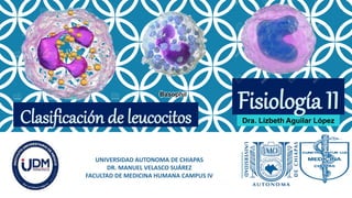 Clasificación de leucocitos Dra. Lízbeth Aguilar López
UNIVERSIDAD AUTONOMA DE CHIAPAS
DR. MANUEL VELASCO SUÁREZ
FACULTAD DE MEDICINA HUMANA CAMPUS IV
Fisiología II
 