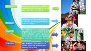 TOTEMISMO
TABUISMO
ANIMISMO
FETICHISMO
Comprende las relaciones idealmente
postuladas entre dos series, una de
ellas natural y la otra, cultural.
Designa a una conducta moralmente
inaceptable por una sociedad, grupo
humano o religión.
Fetichismo es la devoción hacia los
objetos materiales, a los que se ha
denominado fetiches.
El animismo es un concepto que
engloba diversas creencias en las que
tanto objetos como cualquier
elemento del mundo están dotados
de alma y son venerados o temidos
como dioses.
 