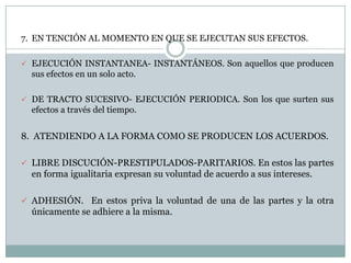 ALEATORIOS.  Son aquellos que no se conocen sus alcances y que   dependen de un acontecimiento futuro  e incierto para su             realización. 4.	EN ATENCIÓN A LA FORMA COMO SUBSISTENPRINCIPALES. Son aquellos que subsisten por sí mismos sin necesidad de otro contrato para su perfeccionamiento.