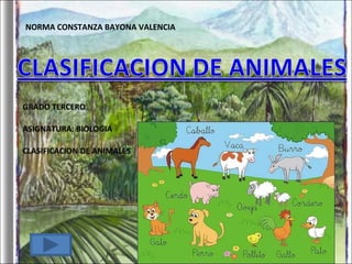 NORMA CONSTANZA BAYONA VALENCIA GRADO TERCERO ASIGNATURA: BIOLOGIA CLASIFICACION DE ANIMALES  
