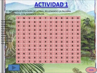 VOLVER 2. DESARROLLE ESTA SOPA DE LETRAS, RELLENANDO LA PALABRA ENCONTRADA CON DIFERENTE COLOR.  HERVIVOROS CARNIVOROS GORILA ACUATICO TERRESTRE GATO PERRO BIPEDO CUADRUPEDO VERTEBRADO GALLINA I N V E R T E B R A D O M H E R B I V O R O S C T E R R E S T R E I E A H C U D R U P E D O R R I G Y G A T O H H I T N J A T D C W T F O P E I K L R F U P R D D O B V L L E G A D E D Q L R O N I W H T P D R W K A R M N Z L I F S A R J D O O A Q B C C A V B O O S P S T U O X A L I R O G 