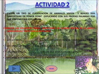 ESCOJA UN TIPO DE CLASIFICACION DE ANIMALES VISTOS  Y REALICE DOS DIAPOSITIVAS EN POWER POINT  EXPLICANDO CON SUS PROPIAS PALABRAS POR QUE PERTENECEN A ESTE GRUPO. COMPLETE LAS SIGUIENTES FRASES, INSERTANDO UN CUADRO ENCIMA DE LA LINEA Y AGREGANDOLE TEXTO CON LA RESPUESTA LOS ANIMALES _________________ SON LOS QUE NO POSEEN COLUMNA VERTEBRAL LOS ANIMALES ACUATICOS SON LOS QUE VIVEN EN EL ___________ LOS ANIMALES ______________ SON LOS QUE SE MUEVEN EN CUATRO PATAS LOS ANIM ALES BIPEDOS SON LOS QUE POSEEN ________ PATAS VOLVER 