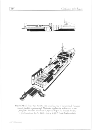 60
	
Clasificación de los buques
Figura 54: El buque tipo Sea-Bee está concebido para el transporte de barcazas
(admite también contenedores). El sistema de elevación de barcazas es una
plataforma elevadora situada en la popa del buque. La barcaza Sea-Bee
es de dimensiones 29,7 x 10,7 x 4,9, y de 850 Tn de desplazamiento
ITES-PARANINFo
 