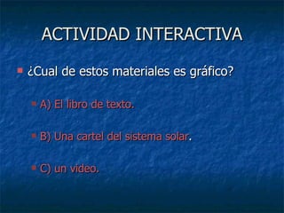 ACTIVIDAD INTERACTIVA ¿Cual de estos materiales es gráfico? A) El libro de texto. B) Una cartel del sistema solar . C) un video. 