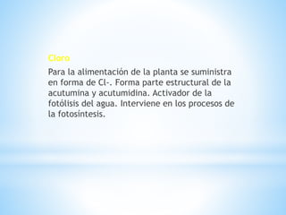 Cloro
Para la alimentación de la planta se suministra
en forma de Cl-. Forma parte estructural de la
acutumina y acutumidina. Activador de la
fotólisis del agua. Interviene en los procesos de
la fotosíntesis.
 