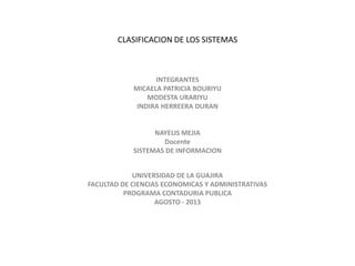 CLASIFICACION DE LOS SISTEMAS
INTEGRANTES
MICAELA PATRICIA BOURIYU
MODESTA URARIYU
INDIRA HERREERA DURAN
NAYELIS MEJIA
Docente
SISTEMAS DE INFORMACION
UNIVERSIDAD DE LA GUAJIRA
FACULTAD DE CIENCIAS ECONOMICAS Y ADMINISTRATIVAS
PROGRAMA CONTADURIA PUBLICA
AGOSTO - 2013
 