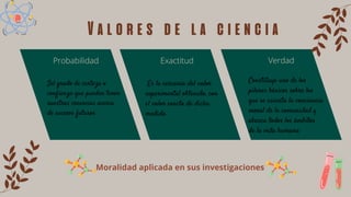 Es la cercanía del valor
experimental obtenido, con
el valor exacto de dicha
medida
Probabilidad
Valores de la ciencia
Exactitud Verdad
Moralidad aplicada en sus investigaciones
Sel grado de certeza o
confianza que pueden tener
nuestras creencias acerca
de sucesos futuros
Constituye uno de los
pilares básicos sobre los
que se asienta la conciencia
moral de la comunidad y
abarca todos los ámbitos
de la vida humana
 