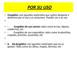 POR SU USO
• Fungibles: son aquellos materiales que sufren desgaste o
  deterioro por el uso y se consumen. Pueden ser a su vez
•

• -    Fungibles de uso común: tales como la tiza, lápices,
  cuadernos, etc.
• -    Fungibles de uso esporádico: tales como la plastilina,
  crayolas, pinceles, acuarelas, etc.
•

• b. No fungibles: son aquellos materiales que no se
  gastan. Tales como los libros, mapas, láminas, etc.
 