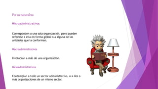 Por su naturaleza
Microadministrativos
Corresponden a una sola organización, pero pueden
referirse a ella en forma global o a alguna de las
unidades que la conforman.
Macroadministrativos
Involucran a más de una organización.
Mesoadministrativos
Contemplan a todo un sector administrativo, o a dos o
más organizaciones de un mismo sector.
 