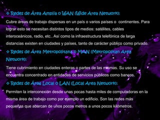  Redes de Área Amplia o WAN (Wide Area Network):
Cubre áreas de trabajo dispersas en un país o varios países o continentes. Para
lograr esto se necesitan distintos tipos de medios: satélites, cables
interoceánicos, radio, etc.. Así como la infraestructura telefónica de larga
distancias existen en ciudades y países, tanto de carácter público como privado.
 Redes de Área Metropolitana o MAN (Metropolitan Area
Network):
Tiene cubrimiento en ciudades enteras o partes de las mismas. Su uso se
encuentra concentrado en entidades de servicios públicos como bancos.
 Redes de Área Local o LAN (Local Area Network):
Permiten la interconexión desde unas pocas hasta miles de computadoras en la
misma área de trabajo como por ejemplo un edificio. Son las redes más
pequeñas que abarcan de unos pocos metros a unos pocos kilómetros.
 