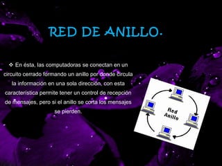  En ésta, las computadoras se conectan en un
circuito cerrado formando un anillo por donde circula
la información en una sola dirección, con esta
característica permite tener un control de recepción
de mensajes, pero si el anillo se corta los mensajes
se pierden.
RED DE ANILLO.
 