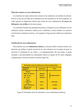 Cátedra de Geología General 
Guía de Trabajos Prácticos 
Minerales comunes en rocas sedimentarias 
Los minerales de origen clástico más comunes en los sedimentos son también los silicatos. 
Esto no es más que un reflejo de la abundancia de estos minerales en las rocas originales, las 
cuales aportan sus fragmentos (clastos) para formar las rocas sedimentarias. El cuarzo, los 
feldespatos y las arcillas son los más comunes. 
Los minerales formados por precipitación química o bioquímica en los sedimentos son los 
carbonatos (calcita y dolomita), sulfatos (yeso y anhidrita) y cloruros (halita). Los primeros 
son frecuentes en depósitos marinos, y los segundos en lagos que han sufrido una evaporación 
total. 
Clasificación de rocas sedimentarias 
Para clasificar una roca sedimentaria clástica, es necesario definir el patrón textural. Los 
elementos que definen el patrón textural de las rocas detríticas son el tamaño de grano, la 
selección, la morfología de los clastos y el empaquetamiento. De esta forma, se puede 
encuadrar a una determinada roca sedimentaria clástica en algunos de los cuatro subgrupos 
(conglomerados, areniscas, limolitas o arcilitas, figura 20). 
56 
Figura 20. Principales clases de sedimentos y rocas sedimentarias detríticas. 
 