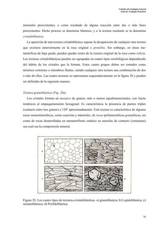 Cátedra de Geología General 
Guía de Trabajos Prácticos 
minerales preexistentes, o como resultado de alguna reacción entre dos o más fases 
preexistentes. Dicho proceso se denomina blástesis, y a la textura resulante se la denomina 
cristaloblastica. 
La aparición de una textura cristaloblástica supone la desaparición de cualquier otra textura 
que existiera anteriormente en la roca original o protolito. Sin embargo, en áreas me-tamórficas 
de bajo grado, pueden quedar restos de la textura original de la roca como relicta. 
Las texturas cristaloblásticas pueden ser agrupadas en cuatro tipos morfológicos dependiendo 
del hábito de los cristales que la forman. Estos cuatro grupos deben ser tomados como 
términos extremos o miembros finales, siendo cualquier otra textura una combinación de dos 
o más de ellos. Las cuatro texturas se representan esquemáticamente en la figura 28 y pueden 
ser definidas de la siguiente manera: 
Textura granoblástica (Fig. 28a) 
Los cristales forman un mosaico de granos, más o menos equidimensionales, con fuerte 
tendencia al empaquetamiento hexagonal. Es característica la presencia de puntos triples 
(contacto entre tres granos) a 120º aproximadamente. Esta textura es característica de algunas 
rocas monominerálicas, como cuarcitas y mármoles, de rocas poliminerálicas granuliticas, así 
como de rocas desarrolladas en metamorfismo estático en aureolas de contacto (corneanas) 
sea cual sea la composición mineral. 
Figura 28. Los cuatro tipos de texturas cristalobtástícas. a) granoblástica; b) Lepidoblástica; c) 
nematoblástica; d) Porfidoblástica. 
70 
 