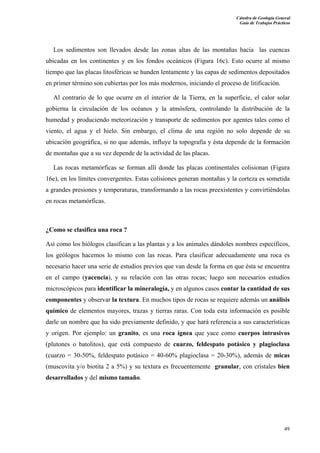 Cátedra de Geología General 
Guía de Trabajos Prácticos 
Los sedimentos son llevados desde las zonas altas de las montañas hacia las cuencas 
ubicadas en los continentes y en los fondos oceánicos (Figura 16c). Esto ocurre al mismo 
tiempo que las placas litosféricas se hunden lentamente y las capas de sedimentos depositados 
en primer término son cubiertas por los más modernos, iniciando el proceso de litificación. 
Al contrario de lo que ocurre en el interior de la Tierra, en la superficie, el calor solar 
gobierna la circulación de los océanos y la atmósfera, controlando la distribución de la 
humedad y produciendo meteorización y transporte de sedimentos por agentes tales como el 
viento, el agua y el hielo. Sin embargo, el clima de una región no solo depende de su 
ubicación geográfica, si no que además, influye la topografía y ésta depende de la formación 
de montañas que a su vez depende de la actividad de las placas. 
Las rocas metamórficas se forman allí donde las placas continentales colisionan (Figura 
16e), en los límites convergentes. Estas colisiones generan montañas y la corteza es sometida 
a grandes presiones y temperaturas, transformando a las rocas preexistentes y convirtiéndolas 
en rocas metamórficas. 
¿Como se clasifica una roca ? 
Así como los biólogos clasifican a las plantas y a los animales dándoles nombres específicos, 
los geólogos hacemos lo mismo con las rocas. Para clasificar adecuadamente una roca es 
necesario hacer una serie de estudios previos que van desde la forma en que ésta se encuentra 
en el campo (yacencia), y su relación con las otras rocas; luego son necesarios estudios 
microscópicos para identificar la mineralogía, y en algunos casos contar la cantidad de sus 
componentes y observar la textura. En muchos tipos de rocas se requiere además un análisis 
químico de elementos mayores, trazas y tierras raras. Con toda esta información es posible 
darle un nombre que ha sido previamente definido, y que hará referencia a sus características 
y origen. Por ejemplo: un granito, es una roca ígnea que yace como cuerpos intrusivos 
(plutones o batolitos), que está compuesto de cuarzo, feldespato potásico y plagioclasa 
(cuarzo = 30-50%, feldespato potásico = 40-60% plagioclasa = 20-30%), además de micas 
(muscovita y/o biotita 2 a 5%) y su textura es frecuentemente granular, con cristales bien 
desarrollados y del mismo tamaño. 
49 
 
