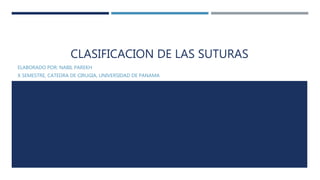 CLASIFICACION DE LAS SUTURAS
ELABORADO POR: NABIL PAREKH
X SEMESTRE, CATEDRA DE CIRUGIA, UNIVERSIDAD DE PANAMA
 