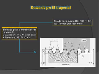Rosca de perfil trapecial
Basada en la norma DIN 103, y ISO
2903. Tienen gran resistencia.
Se utiliza para la transmisión de
movimiento.
Designación: Tr ᴓ Nominal (mm)
x Paso (mm). Ej.: Tr 40 x 3.
 