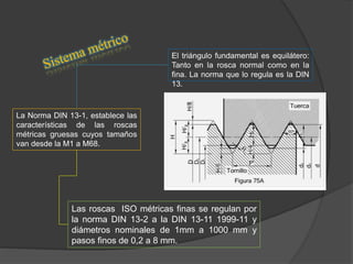 El triángulo fundamental es equilátero:
Tanto en la rosca normal como en la
fina. La norma que lo regula es la DIN
13.
La Norma DIN 13-1, establece las
características de las roscas
métricas gruesas cuyos tamaños
van desde la M1 a M68.
Las roscas ISO métricas finas se regulan por
la norma DIN 13-2 a la DIN 13-11 1999-11 y
diámetros nominales de 1mm a 1000 mm y
pasos finos de 0,2 a 8 mm.
 