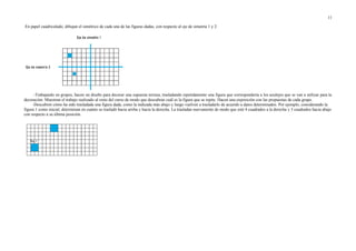 En papel cuadriculado, dibujan el simétrico de cada una de las figuras dadas, con respecto al eje de simetría 1 y 2:
-Trabajando en grupos, hacen un diseño para decorar una supuesta terraza, trasladando repetidamente una figura que correspondería a los azulejos que se van a utilizar para la
decoración. Muestran el trabajo realizado al resto del curso de modo que descubran cuál es la figura que se repite. Hacen una exposición con las propuestas de cada grupo.
-Descubren cómo ha sido trasladada una figura dada, como la indicada más abajo y luego vuelven a trasladarlo de acuerdo a datos determinados. Por ejemplo, considerando la
figura 1 como inicial, determinan en cuánto se trasladó hacia arriba y hacia la derecha. La trasladan nuevamente de modo que esté 4 cuadrados a la derecha y 3 cuadrados hacia abajo
con respecto a su última posición.
11
 