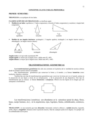 CONCEPTOS CLAVES PARA EL PROFESOR(A)
PRIMER SEMESTRE:
TRIANGULO: es un polígono de tres lados.
CLASIFICACIÓN DE LOS TRIANGULOS: se clasifican según:
 Medida de sus lados: equiláteros ( 3 lados congruentes), isósceles (2 lados congruentes) y escalenos ( ningún lado
congruente).
3 3 5 5 3 9
3 cm 2 cm 7 cm
equilátero isósceles escaleno
 Medida de sus ángulos interiores: acutángulo ( 3 ángulos agudos), rectángulo ( un ángulo interior recto) y
obtusángulo ( un ángulo interior obtuso).
Acutángulo rectángulo obtusángulo
Angulo recto: es el que mide exactamente 90º
Angulo agudo: es menor que el ángulo recto. ( Mide entre 0º y 90º)
Angulo obtuso: es mayor que el ángulo recto ( Mide entre 90º y 180º)
TRANSFORMACIONES GEOMETRICAS
Las transformaciones geométricas han sido una constante en la práctica de la totalidad de nuestras culturas
desde los tiempos remotos hasta la actualidad.
Hay transformaciones geométricas que conservan la forma y el tamaño y se llaman isometrías como:
traslación, rotación y simetrías.
También hay otro tipo de transformaciones geométricas que conservan la forma pero no el tamaño, piensa en
la proyección de una figura a través de un retroproyector, o de la proyección de una diapositiva. Este tipo de
transformación que ya conoces se llaman homotecias o semejanzas. Observa las dos figuras de la imagen que son
semejantes u homotéticas:
Las transformaciones isométricas son abundantes en la naturaleza (panal de abeja, flores,
hojas, cuerpo humano, etc.), en la arquitectura, rejas, logotipos, llantas, embaldosados, cerámicos,
etc
TRASLACION : es una isometría que tiene dirección ( horizontal, vertical u oblicua ), sentido (derecha, izquierda,
arriba, abajo) y magnitud ( distancia entre la posición inicial y final de cualquier punto de la figura). Un ejemplo son
los embaldosados de los pisos.
70º 60º
50º
100º
12
 