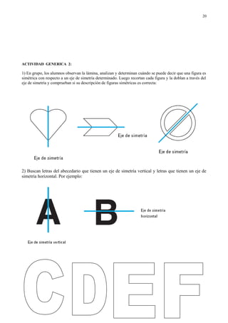 ACTIVIDAD GENERICA 2:
1) En grupo, los alumnos observan la lámina, analizan y determinan cuándo se puede decir que una figura es
simétrica con respecto a un eje de simetría determinado. Luego recortan cada figura y la doblan a través del
eje de simetría y comprueban si su descripción de figuras simétricas es correcta:
2) Buscan letras del abecedario que tienen un eje de simetría vertical y letras que tienen un eje de
simetría horizontal. Por ejemplo:
20
 