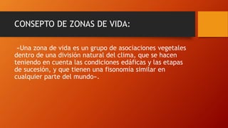 CONSEPTO DE ZONAS DE VIDA:
«Una zona de vida es un grupo de asociaciones vegetales
dentro de una división natural del clima, que se hacen
teniendo en cuenta las condiciones edáficas y las etapas
de sucesión, y que tienen una fisonomía similar en
cualquier parte del mundo».
 
