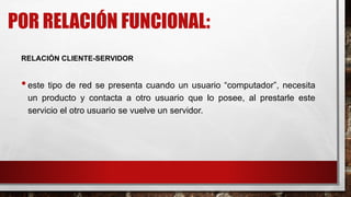POR RELACIÓN FUNCIONAL:
RELACIÓN CLIENTE-SERVIDOR
•este tipo de red se presenta cuando un usuario “computador”, necesita
un producto y contacta a otro usuario que lo posee, al prestarle este
servicio el otro usuario se vuelve un servidor.
 