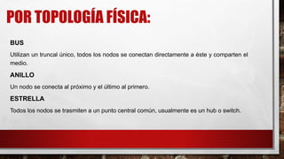 POR TOPOLOGÍA FÍSICA:
BUS
Utilizan un truncal único, todos los nodos se conectan directamente a éste y comparten el
medio.
ANILLO
Un nodo se conecta al próximo y el último al primero.
ESTRELLA
Todos los nodos se trasmiten a un punto central común, usualmente es un hub o switch.
 