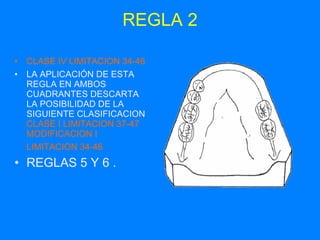 REGLA 2 CLASE IV LIMITACION 34-46 LA APLICACIÓN DE ESTA  REGLA EN AMBOS CUADRANTES DESCARTA LA POSIBILIDAD DE LA SIGUIENTE CLASIFICACION  CLASE I LIMITACION 37-47   MODIFICACION I LIMITACION 34-46   REGLAS 5 Y 6 . 