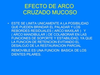 EFECTO DE ARCO  CRUZADO MUCOSO ESTE SE LIMITA UNICAMENTE A LA POSIBILIDAD QUE PUEDEN BRINDAR EL PALADAR Y LOS REBORDES RESIDUALES ( ARCO MAXILAR )  Y  ( ARCO MANDIBULAR ) DE COLABORAR EN LAS FUNCIONES DE SOPORTE Y ESTABILIDAD, YA QUE LA FUNCION DE RETENCION EVITANDO EL DESALOJO DE LA RESTAURACION PARCIAL REMOVIBLE ES UNA FUNCION  BASICA   DE LOS DIENTES PILARES. 