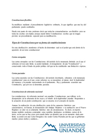5
Constituciones flexibles
Se modifican mediante el procedimiento legislativo ordinario, lo que significa que una ley del
parlamento puede cambiarlas.
Desde este punto de vista podemos decir que todas las consuetudinarias son flexibles pero no
todas las escritas son rígidas porque puede haber Constituciones escritas que no tengan
previsto un procedimiento especial para su modificación.
Tiposde Constitucionespor su forma de establecimiento
En esta clasificación atendemos al hecho de determinar cual es el poder que está detrás de la
aparición de un texto constitucional.
Cartas otorgadas
Las cartas otorgadas son las Constituciones del periodo de la monarquía limitada en el que el
soberano (el rey) auto limita su poder mediante el otorgamiento de una "Constitución" y
conservando todo el fondo de poder político del que no ha establecido una limitación expresa.
Cartas pactadas
Las cartas pactadas son las Constituciones del periodo doctrinario, orleanista o de monarquía
constitucional pura en el que, como sabemos ya, se encuentran al mismo nivel la legitimidad
del monarca y la popular representada en el parlamento. Rey y parlamento acuerdan una
Constitución, que por eso se denomina pactada.
Constituciones de soberanía nacional
Las constituciones de soberanía nacional son aquellas Constituciones que reflejan ya la
desaparición de la soberanía de los reyes y el triunfo de la legitimidad popular. Responden a
la actuación de un poder constituyente que se encarna en el concepto de nación.
Aunque la explicación de esta clasificación parte de los supuestos históricos que
caracterizaron, en Europa, la desaparición del Antiguo Régimen y su sustitución por el Nuevo
Régimen su valor no es solamente histórico sino de circunstancias. Es decir, en nuestro
tiempo también podemos contemplar estas variables tipológicas en distintos países de la
tierra, en los que no hay reyes pero puede haber un dictador que en un momento dado auto
limita su poder con una Carta Otorgada o las seudo Cartas Pactadas por las que se gobiernan
muchos países árabes y asiáticos...
 