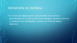 DEFINICIÓN DE EMPRESA
• Es el tipo de organización y de actividad mas común y
generalizada en el cual las personas trabajan, manejan recursos
y coordinan sus actividades y tareas con el fin de lograr
objetivos.
 