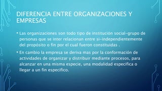 DIFERENCIA ENTRE ORGANIZACIONES Y
EMPRESAS
• Las organizaciones son todo tipo de institución social-grupo de
personas que se inter relacionan entre si-independientemente
del propósito o fin por el cual fueron constituidas .
• En cambio la empresa se deriva mas por la conformación de
actividades de organizar y distribuir mediante procesos, para
alcanzar en una misma especie, una modalidad especifica o
llegar a un fin especifico.
 
