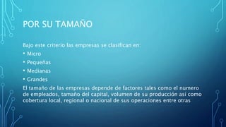 POR SU TAMAÑO
Bajo este criterio las empresas se clasifican en:
• Micro
• Pequeñas
• Medianas
• Grandes
El tamaño de las empresas depende de factores tales como el numero
de empleados, tamaño del capital, volumen de su producción así como
cobertura local, regional o nacional de sus operaciones entre otras
 