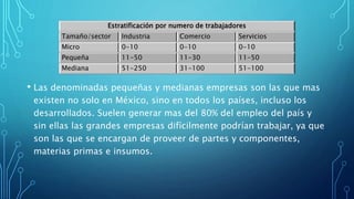 Estratificación por numero de trabajadores
Tamaño/sector Industria Comercio Servicios
Micro 0-10 0-10 0-10
Pequeña 11-50 11-30 11-50
Mediana 51-250 31-100 51-100
• Las denominadas pequeñas y medianas empresas son las que mas
existen no solo en México, sino en todos los países, incluso los
desarrollados. Suelen generar mas del 80% del empleo del país y
sin ellas las grandes empresas difícilmente podrían trabajar, ya que
son las que se encargan de proveer de partes y componentes,
materias primas e insumos.
 