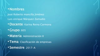 •Nombres:
José Roberto mancilla Jiménez
Luis enrique Márquez Zamudio
•Docente: Karina Reina Carmona
•Grupo: 605
•Materia: Administración II
•Tema: Clasificación de empresas
•Semestre: 2017-A
 