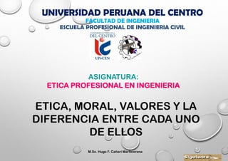 UNIVERSIDAD PERUANA DEL CENTRO
FACULTAD DE INGENIERIA
ESCUELA PROFESIONAL DE INGENIERIA CIVIL
ASIGNATURA:
ETICA PROFESIONAL EN INGENIERIA
ETICA, MORAL, VALORES Y LA
DIFERENCIA ENTRE CADA UNO
DE ELLOS
M.Sc. Hugo F. Cañari Marticorena
 