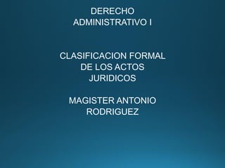 DERECHO
ADMINISTRATIVO I
CLASIFICACION FORMAL
DE LOS ACTOS
JURIDICOS
MAGISTER ANTONIO
RODRIGUEZ
 