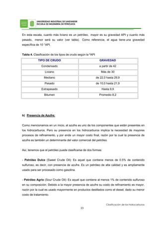 En esta escala, cuanto más liviano es un petróleo, mayor es su gravedad API y cuanto más
pesado, menor será su valor (ver tabla). Como referencia, el agua tiene una gravedad
específica de 10 °API.
Tabla 4. Clasificación de los tipos de crudo según la ºAPI
TIPO DE CRUDO GRAVEDAD
Condensado a partir de 42
Liviano Más de 30
Mediano de 22,0 hasta 29,9
Pesado de 10,0 hasta 21,9
Extrapesado Hasta 9,9
Bitumen Promedio 8,2
b) Presencia de Azufre:
Como mencionamos en un inicio, el azufre es uno de los componentes que están presentes en
los hidrocarburos. Pero su presencia en los hidrocarburos implica la necesidad de mayores
procesos de refinamiento, y por ende un mayor costo final, razón por la cual la presencia de
azufre es también un determinante del valor comercial del petróleo.
Así, tenemos que el petróleo puede clasificarse de dos formas:
- Petróleo Dulce (Sweet Crude Oil): Es aquel que contiene menos de 0.5% de contenido
sulfuroso, es decir, con presencia de azufre. Es un petróleo de alta calidad y es ampliamente
usado para ser procesado como gasolina.
- Petróleo Agrio (Sour Crude Oil): Es aquel que contiene al menos 1% de contenido sulfuroso
en su composición. Debido a la mayor presencia de azufre su costo de refinamiento es mayor,
razón por la cual es usado mayormente en productos destilados como el diesel, dado su menor
costo de tratamiento.
 