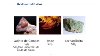 100
Jacinto de Compos
tela
SiO2(con impurezas de
óxido de hierro)
Jaspe
SiO2
Lechatelierita
SiO2
Óxidos e Hidróxidos
 
