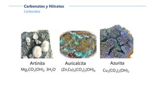 Carbonatos
Carbonatos y Nitratos
Artinita
Mg2CO3(OH)2 3H2O
Azurita
Cu3(CO3)2(OH)2
Auricalcita
(Zn,Cu)5(CO3)2(OH)6
 