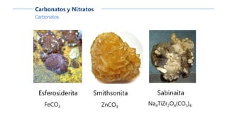 Carbonatos
Carbonatos y Nitratos
Esferosiderita
FeCO3
Sabinaíta
Na4TiZr2O4(CO3)4
Smithsonita
ZnCO3
 