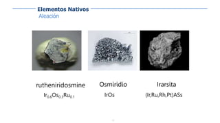 12
Aleación
rutheniridosmine
Ir0.6Os0.3Ru0.1
Osmiridio
IrOs
Irarsita
(Ir,Ru,Rh,Pt)ASs
Elementos Nativos
 