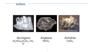 123
Alunógeno
Al2(SO4)3(H2O)12·5H2
O
Anglesita
PbSO4
Anhidrita
CaSO4
Sulfatos
 